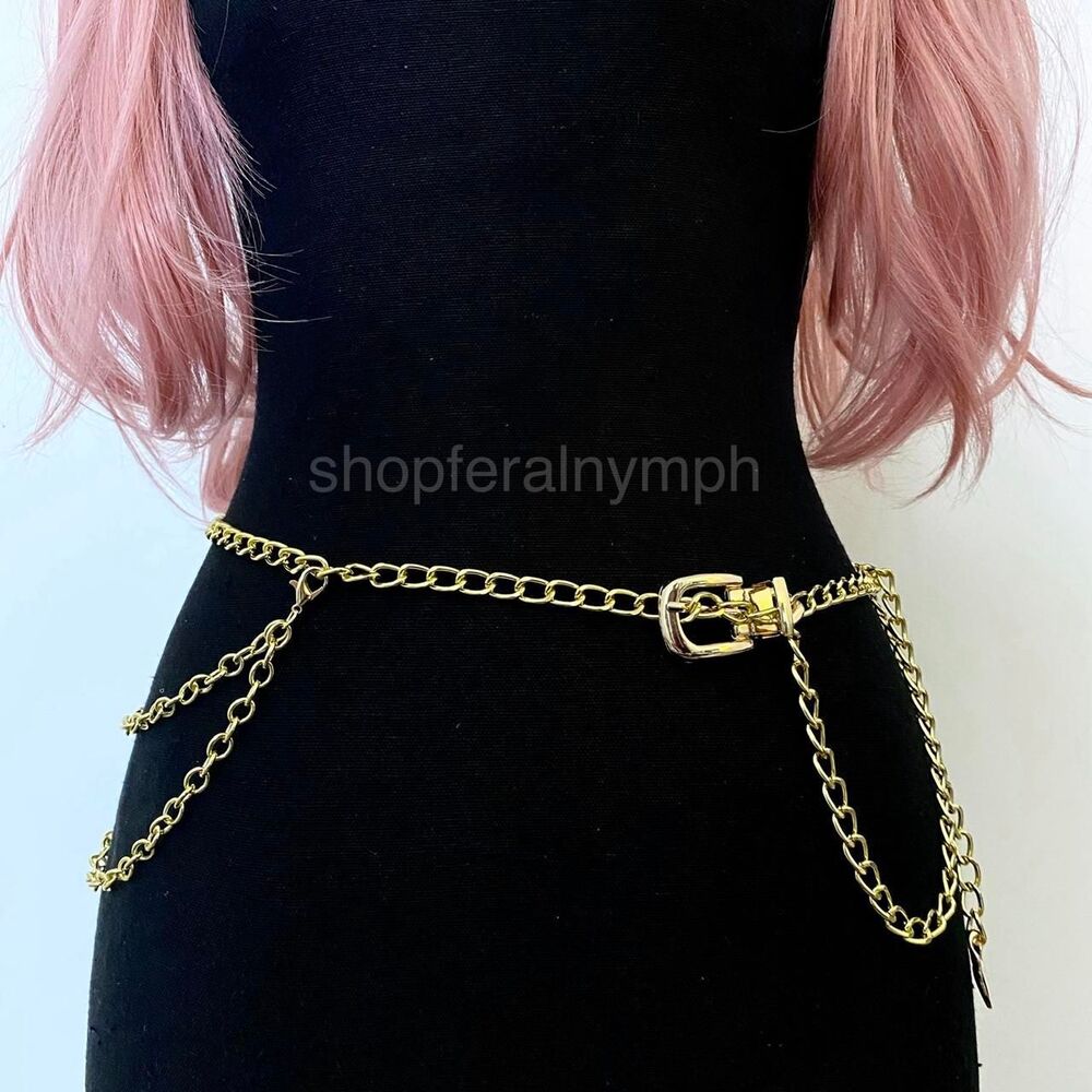 Gold Y2K Mini Buckle Layered Draped Chain Belt, Fits 25-43 Inches, X7GA1368